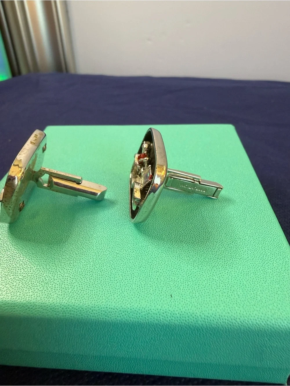 Vintage Swank Antique Car Cufflinks Silver Tone Black Enamel Novelty Retro